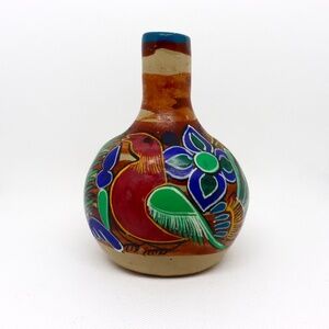 Vintage Mexican Pottery Bud Vase Hand Painted Birds 5" Clay Folk Art Boho
